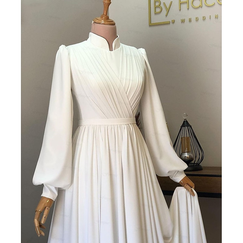 Hall Vintage 1940s / 1950s Casual Wedding Dresses A-Line High Neck Long Sleeve Court Train Chiffon Bridal Gowns With Pleats Solid Color2