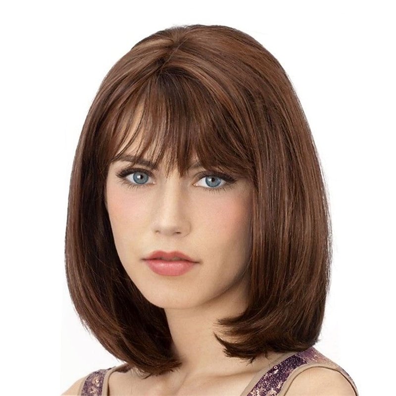 Short Straight Bob Wigs with Air Bangs Honey Brown Wig for Women Shoulder Length Heat Resistant Fiber Hair Wigs