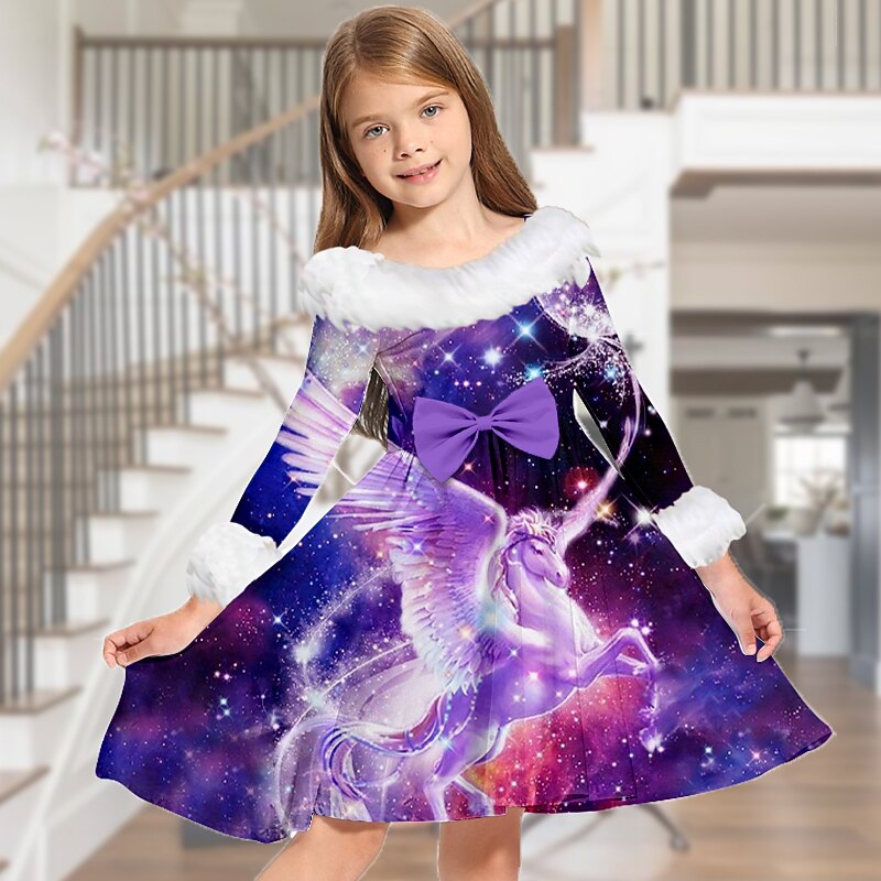 Kids Girls' Dress Animal Unicorn Long Sleeve Casual Fur Trim Crewneck Adorable Daily Polyester Above Knee Casual Dress Swing Dress A Line Dress Fall Winter 3-10 Years Pink Blue Sky Blue2
