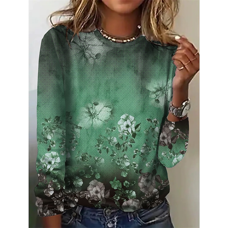 Women's T shirt Crew Neck Long Sleeve Tunic Vintage Basic Butterfly Print Regular Tops Round Neck Daily Weekend Pink Blue Purple Brown Green Fall & Winter 5