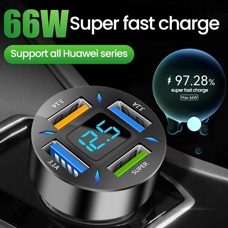 4 in 1 66W Car Charger Quick Charge Cigarette Lighter Adapter 4-Port USB AUSB C Fast Charging Phone Charger for iPhone Xiaomi Samsung