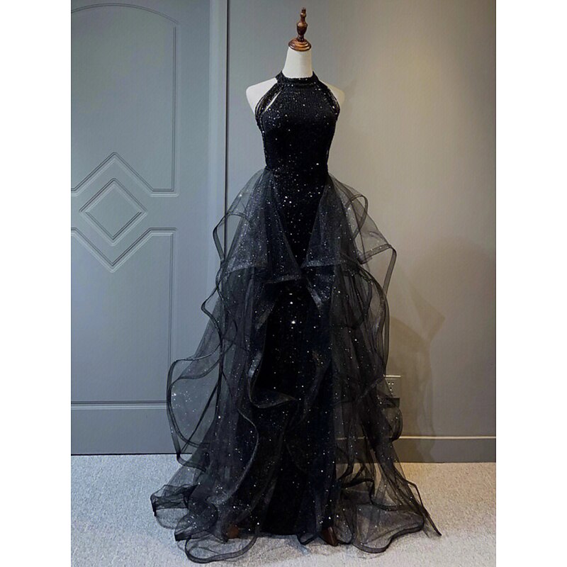 A-Line Prom Dresses Vintage Dress Wedding Guest Wedding Party Sweep / Brush Train Sleeveless Halter Neck Sequined with Crystals Sequin Ruffles Masquerade Dress4