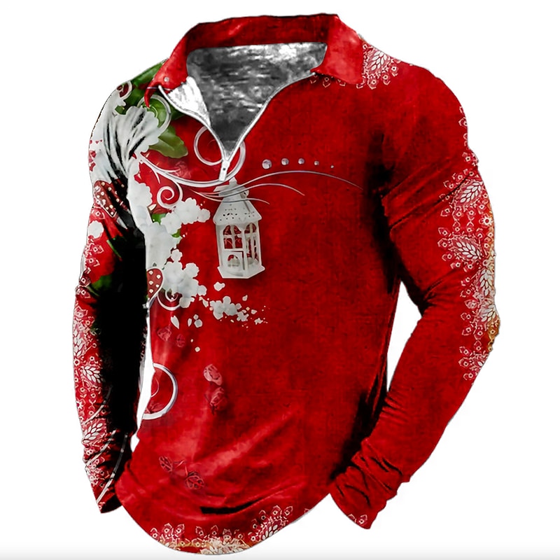 Christmas Men's Christmas Scene 3D Zipper Polo Golf Floral Graphic Prints Turndown Yellow Pink Wine Green Gray 3D Print Street Casual Long Sleeve Zipper Print Clothing Apparel Fashion Designer Casual