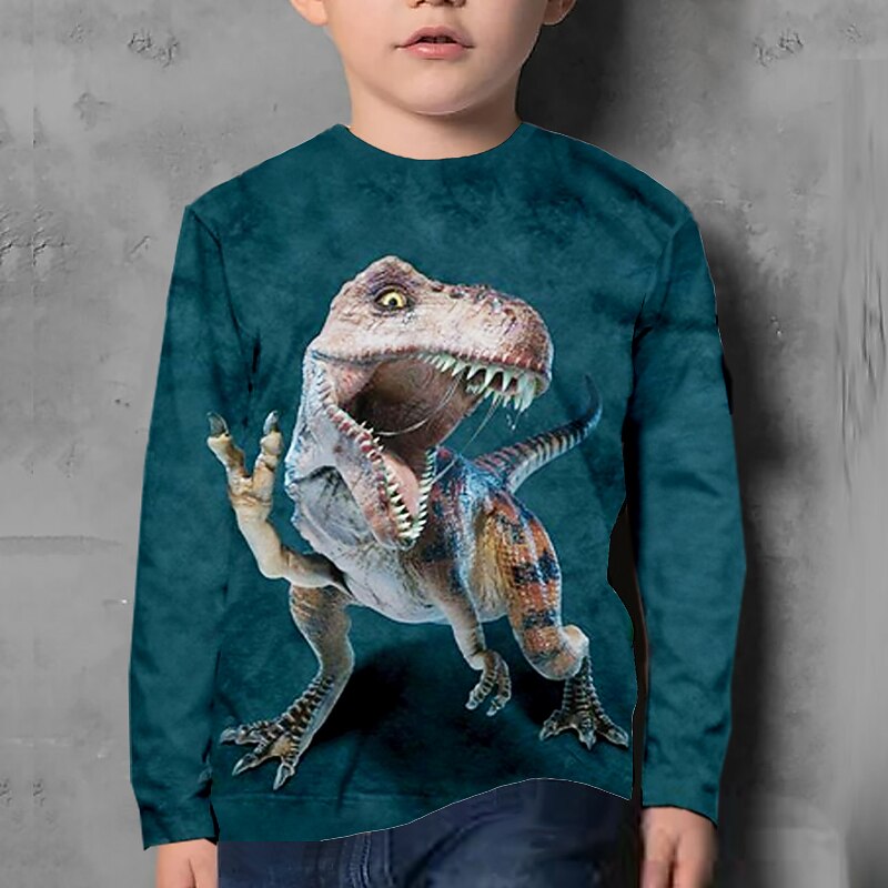 Kids Boys T shirt Tee Animal Dinosaur Long Sleeve Crewneck Children Top Casual 3D Print Cool Daily Fall Winter Dark Green 7-13 Years