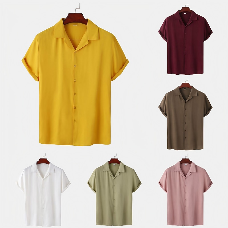 Men's Shirt Summer Shirt Casual Shirt Cuban Collar Shirt Button Up Shirt Camp Collar Shirt White Yellow Pink Wine khaki Short Sleeve Plain Turndown Vacation Street Buttons Clothing Apparel Polyester