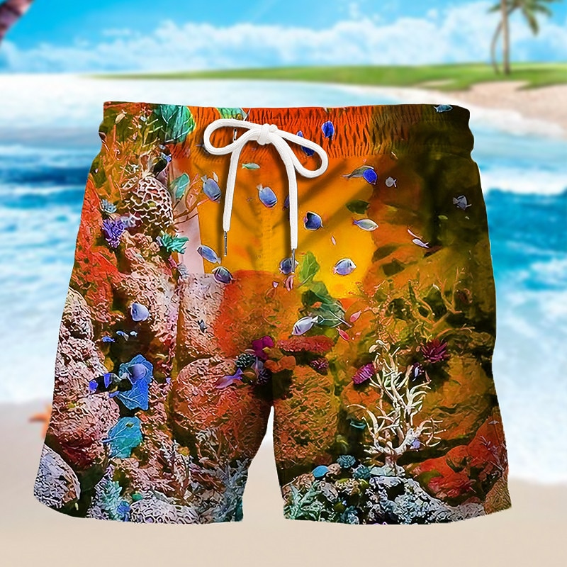 Men's Graphic Ocean Fish Swim Trunks Swim Shorts Board Shorts Mid Waist Hawaiian Designer Boho Holiday Beach Drawstring with Mesh lining Elastic Waist Designer Clothing Apparel2