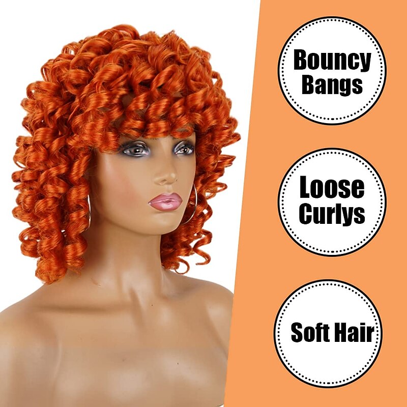 Short Afro Curly Synthetic Hair Wigs for Black Women Loose Curly Fluffy Shoulder Length Natural Looking Hair Orange Wigs Heat Resistant Hair Replacement Wigs3