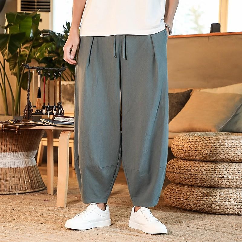 Men's Linen Pants Trousers Summer Pants Beach Pants Pleated Pants Drawstring Elastic Waist Plain Comfort Outdoor Daily Holiday Fashion Casual Gray Green Black Inelastic2