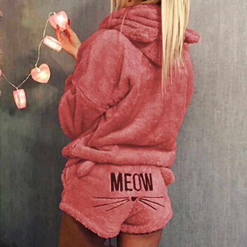 Women's  Loungewear Sweatsuit Sets 2 Pieces Animal Cat Warm Plush Comfort Home Street Daily Fleece Hoodie Long Sleeve Hoodie Shorts Elastic Waist Fa Home Outfits