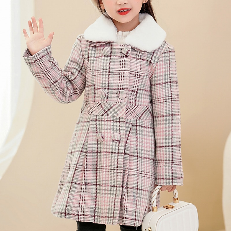 Kids Girls' Children's Day Woolen Coat Short Sleeve Pink Plaid Fur Trim Winter Cute Outdoor 7-13 Years3