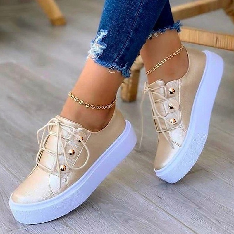 Women's White Platform Sneakers with Gold Button Details - Trendy Lace-Up Casual Shoes for Everyday Wear4
