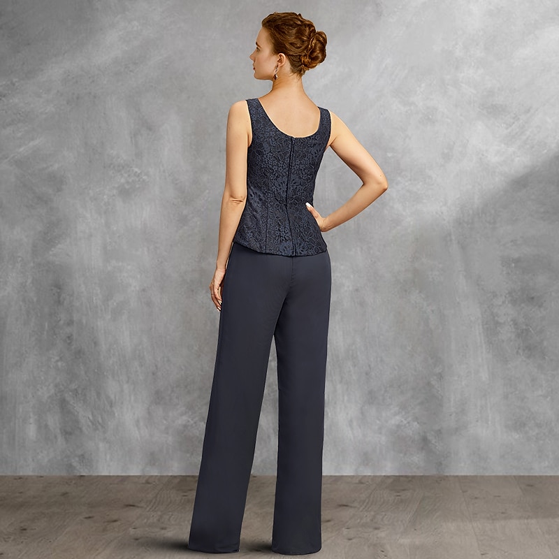 Two Piece Pantsuit Mother of the Bride  Formal Wedding Guest Church Elegant Scoop Neck Floor Length Chiffon Lace Long Sleeve with Sequin4