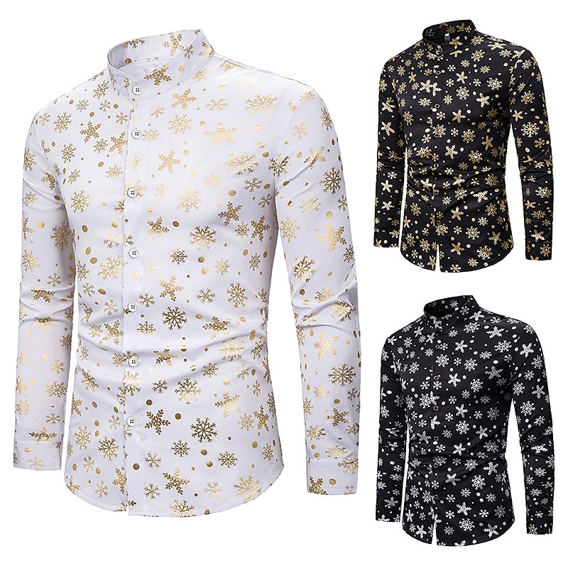 Christmas Men's Christmas Scene Printed Shirts Snowflake Collar Silver White Blue Gold Outdoor Street Long Sleeve Print Button-Down Clothing Apparel Cotton Fashion Casual Breathable Comfortable3