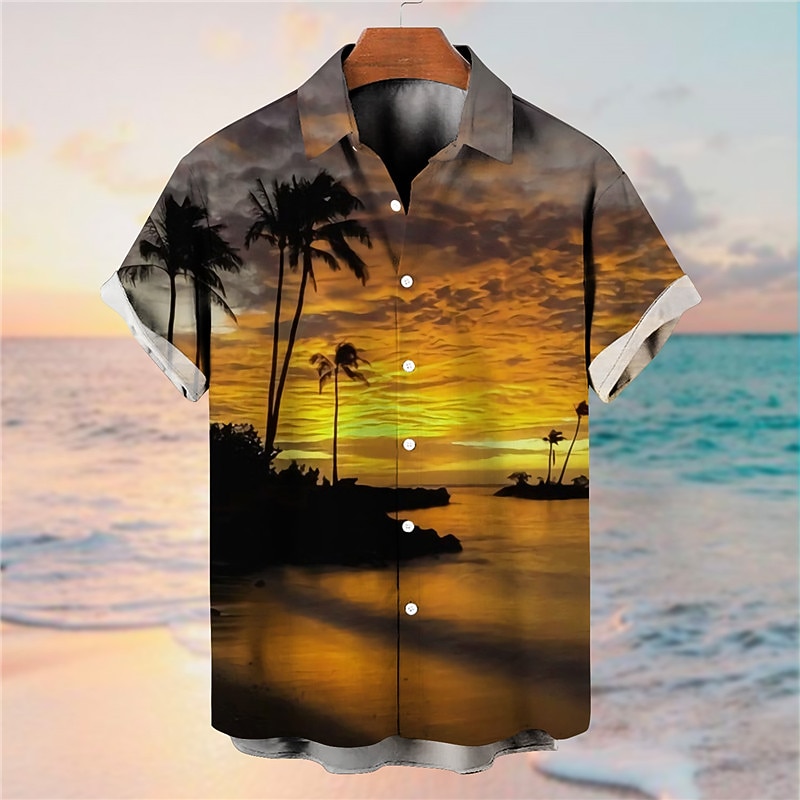 Men's Coconut Tree Sunset Tropical Plants Shirt Summer Hawaiian Shirt Aloha Shirt Short Sleeves Shirt Turndown Tropical Fashion Hawaiian Street Daily Hawaiian Yellow Orange 3D Print S M L2