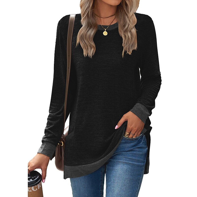 Women's T Shirt Color Block Basic Long Sleeve Puff Sleeve Round Neck Regular Tops Valentine's Day Daily Print Black Army Green Red Light Brown Blue Fall & Winter3