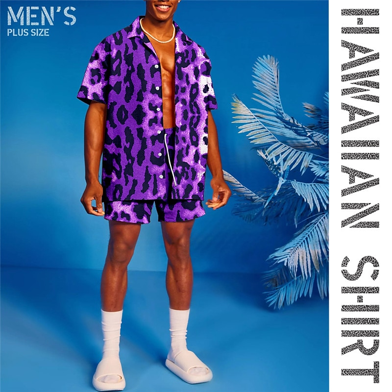 Men's Leopard 2pcs Shirts Sets Summer Hawaiian Shirt Short Sleeve Short Pants Turndown Tropical Hawaiian Casual Sports & Outdoor Beach Elastic Waist Buttons Print Spring & Summer Yellow Blue Purple3