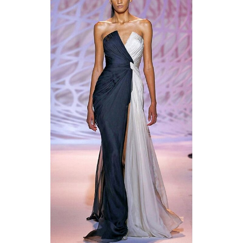 Sheath Black Dress Evening Gown Color Block Dress Wedding Guest Party Wear Sweep / Brush Train Sleeveless Strapless  with Slit dress to impress4