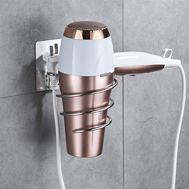 Stainless Steel Hair Dryer Holder Adhesive Blower Organizer Wall Mounted Spiral Stand Shelves Bathroom Storage Accessories