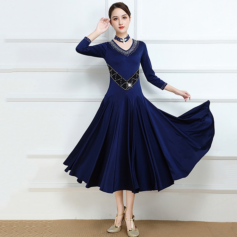 Ballroom Dance Dress Splicing Crystals / Rhinestones Women's Performance Training 3/4 Length Sleeve Chinlon Spandex2