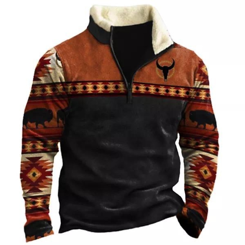 Men's Graphic Tribal Hoodie Hoodies Sweatshirt Streetwear Designer Long Sleeve Half Zip Sports & Outdoor Casual Daily Orange Print Fall & Winter Designer