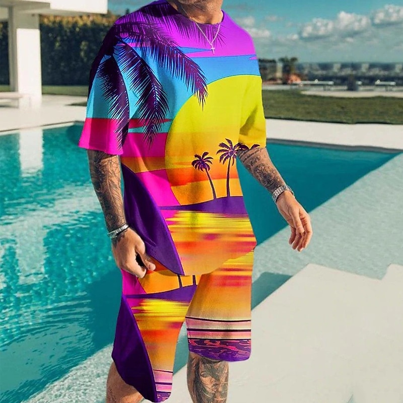 Men's Graphic Coconut Tree 2pcs Tees sets Matching Sets Short Sleeve Short Pants Crew Neck Designer Casual Comfortable Outdoor Vacation Daily 3D Print Spring & Summer Yellow Blue Purple