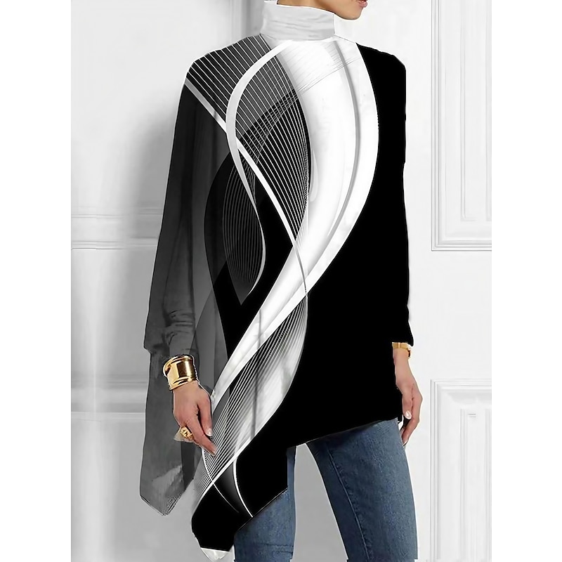 Women's T shirt Long Sleeve Plus Size Shirt Blouse Basic Butterfly Print Long Sleeve Regular Tops Turtleneck High Neck Casual Silver Black White Yellow Gray Spring Fall Prefall