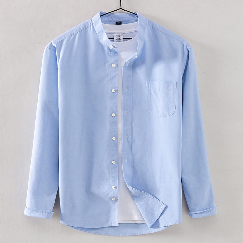 Men's Chinese Collar Shirt Mandarin Collar Shirt Dress Shirt Oxford Shirt Collarless Shirt Plain Wedding Outdoor Sea Blue White Yellow Navy Blue Long Sleeve Stand Collar Spring &  Fall Clothing