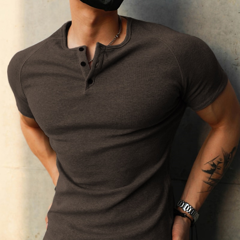 Men's Henley Shirt Muscle Shirt Ribbed Knit tee Short Sleeve Plain Fashion Casual Comfortable Button-Down Henley Street Holiday Beach Summer White Gray Henley T-Shirt4