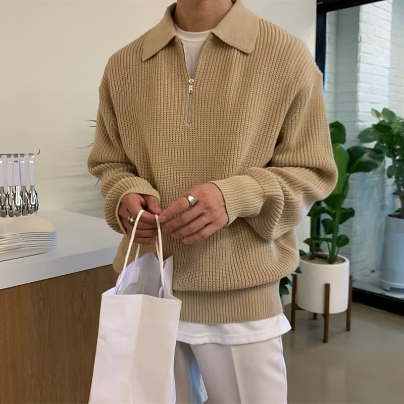 Men's Sweater Zip Sweater Pullover Polo Sweater Pullover Ribbed Knit Tunic Half Zip Knitted Plain Turndown Keep Warm Modern Contemporary Work Daily Wear Clothing Apparel Fall & Winter Black Khaki M L2