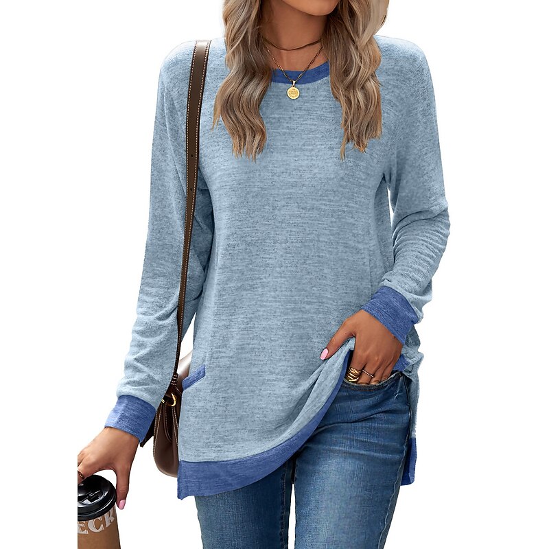 Women's T Shirt Color Block Basic Long Sleeve Puff Sleeve Round Neck Regular Tops Valentine's Day Daily Print Black Army Green Red Light Brown Blue Fall & Winter