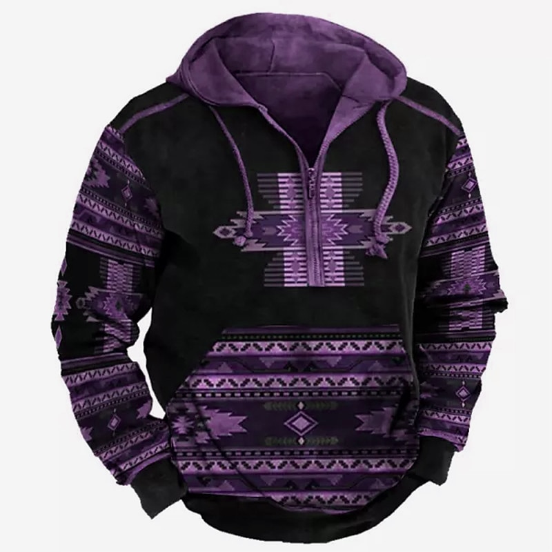 Men's Graphic Prints Hoodie Hoodies Sweatshirt Designer Basic Long Sleeve Hooded Daily Holiday Going out Blue Purple Half Zip Front Pocket Spring &  Fall Designer3
