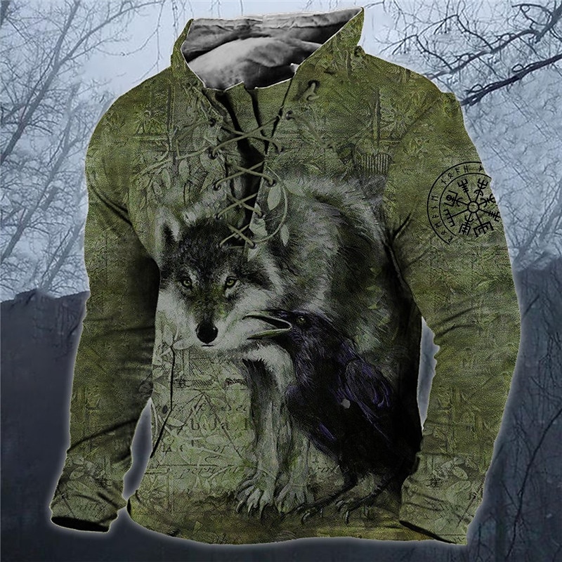 Men's Wolf Graphic Prints Sweatshirt Pullover Long Sleeve Sweatshirt Standing Collar Streetwear Designer Basic 3D Print Sports & Outdoor Casual Daily Lace up Spring &  Fall3