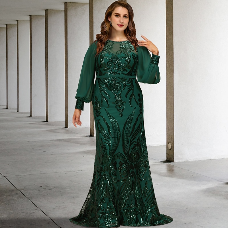 Mermaid Plus Size Curve Mother of the Bride Dresses Elegant Dress Formal Wedding Guest Sweep / Brush Train Long Sleeve Jewel Neck Chiffon with Sequin free custom size 6