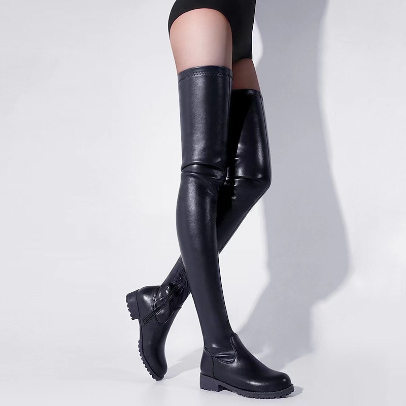 Women's Black Over-the-Knee Faux Leather Boots with Low Heel – Stylish Zip-Up Thigh High Boots for Fall and Winter Streetwear or Night Out2