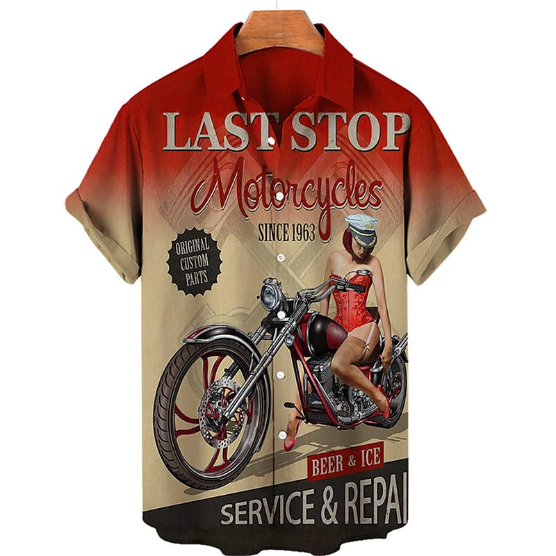 Men's Letter Motorcycle Pin Up Girl Shirt Summer Hawaiian Shirt Aloha Shirt Short Sleeves Shirt Turndown Vintage Tropical Fashion Street Casual Hawaiian Light Yellow Black Yellow S M L