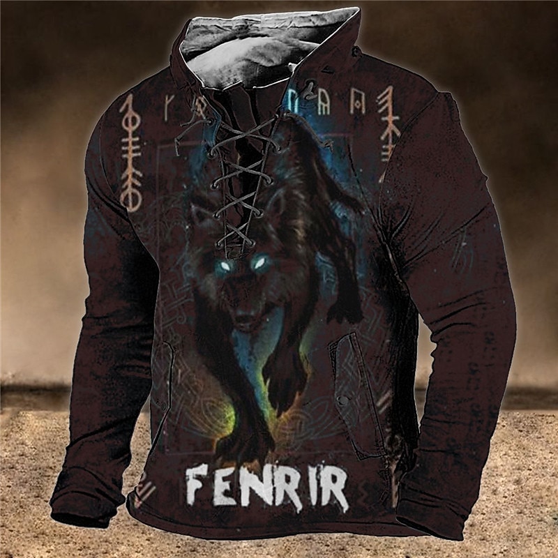 Men's Animal Wolf Graphic Prints Sweatshirt Pullover Long Sleeve Sweatshirt Standing Collar Streetwear Designer Basic 3D Print Sports & Outdoor Casual Daily Lace up Spring &  Fall3