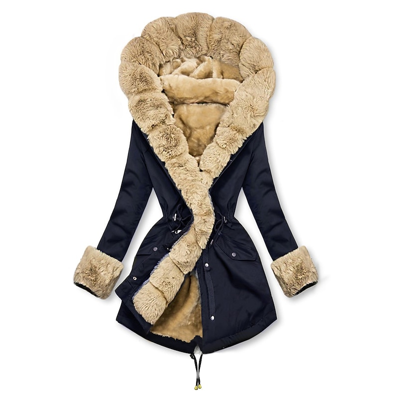 Women's Winter Coat Winter Jacket Parka Windproof Warm Zipper Pocket Drawstring Fur Collar Elegant Street Style Plain Street Casual Daily Wear Zipper Regular Hoodie Regular Fit Long Sleeve Outerwear