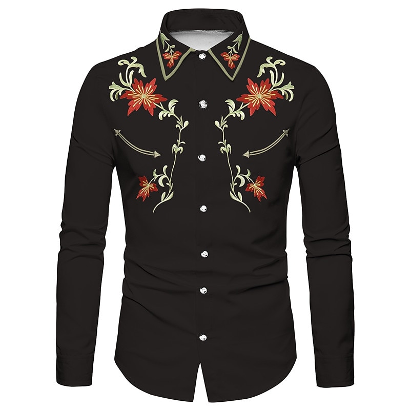 Men's Floral Graphic Prints Shirt Western Shirt Cowboy Shirt Long Sleeve Fashion Designer Casual Outdoor Daily Holiday Fall & Winter Turndown Print Button-Down Black Navy Blue - Main Image