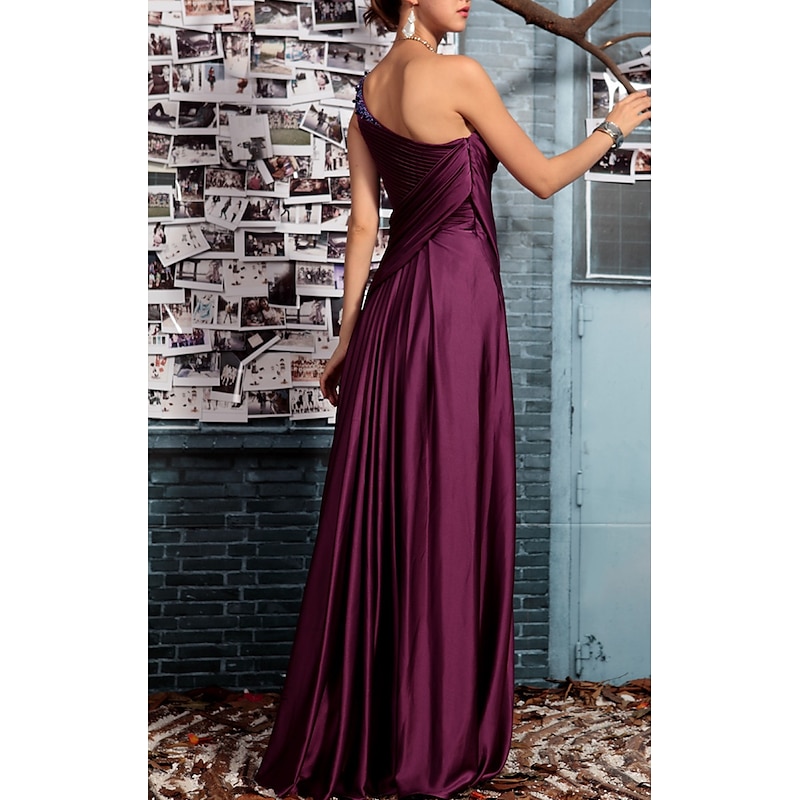 Sheath Evening Gown Elegant Dress Formal Evening Floor Length Sleeveless One Shoulder Fall Wedding Guest Satin Backless with Pleats Crystals Draping2