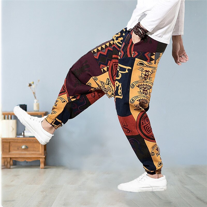 Men's Trousers Summer Pants Bloomers Baggy Harem Pants Drawstring Elastic Waist Graphic Prints Comfort Casual Daily Holiday Cotton Blend Sports Designer Purple Orange Micro-elastic3