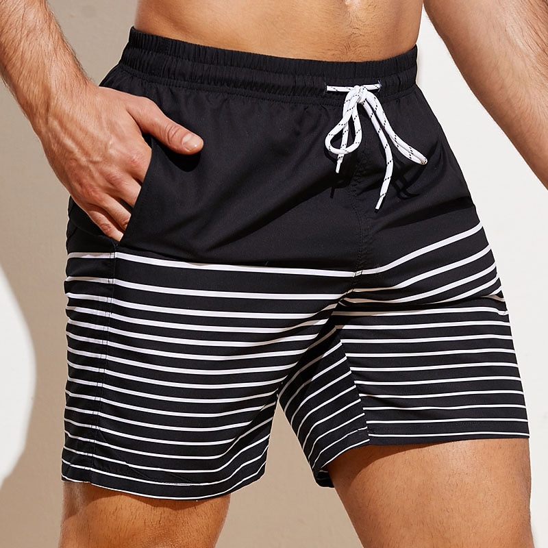 Men's Board Shorts Swim Shorts Swim Trunks Summer Shorts Beach Shorts Drawstring Elastic Waist 3D Print Graphic Stripe Breathable Soft Short Casual Daily Holiday Streetwear Hawaiian Black3