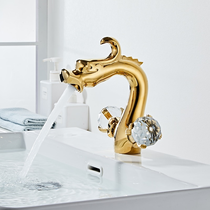 Bathroom Sink Faucet,Crystal Handle Dragon Shape Antique Brass Two Handle One Hole Bath Tap with Hold and Hot Switch