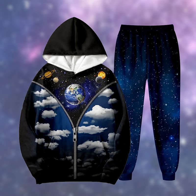 2 Pieces Kids Boys Hoodie & Pants Outfit Galaxy Long Sleeve Pocket Set Casual Fashion Daily Winter Fall 7-13 Years Blue