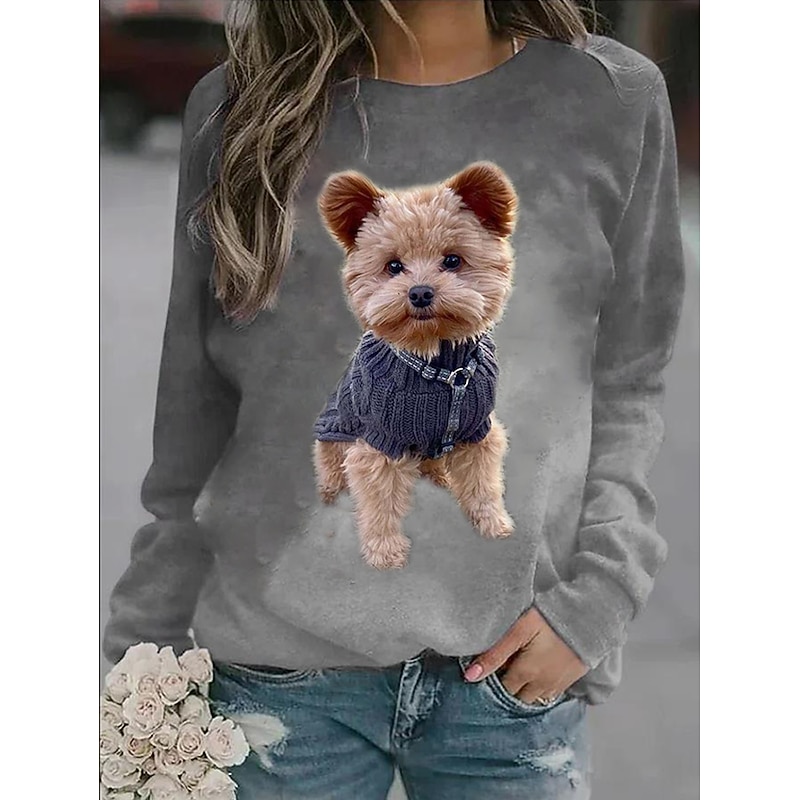 Women's Plus Size Dog Basic Long Sleeve Round Neck Crewneck Regular Tops Street Casual Navy Blue Purple Green Gray Fall & Winter4