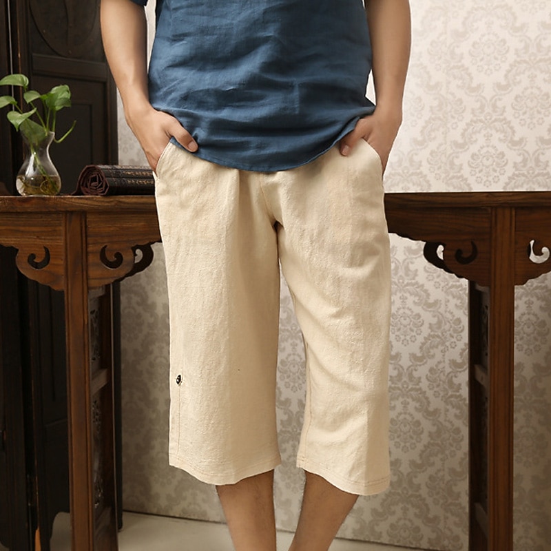 Men's Capri Pants Linen Shorts Summer Shorts Pocket Drawstring Elastic Waist Plain Calf-Length Outdoor Daily Going out Fashion Streetwear Yellow Royal Blue Inelastic4