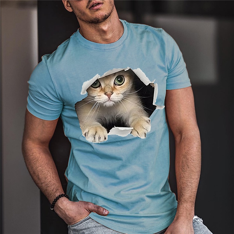 Men's Graphic Animal Cat T Shirt Tee Funny T Shirts Short Sleeve T shirt 3D Print Crew Neck Shirt Vintage Fashion Designer Outdoor Casual Daily Blue Orange Gray Spring & Summer Clothing Apparel S M L3