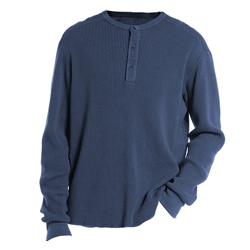 Men's Waffle Tee Button T Shirt Waffle Henley Shirt Henley Shirt Long Sleeve Henley Spring &  Fall Plain Designer Basic Modern Contemporary Buttons Vacation Street Going out Blue Green Gray Top Tee3