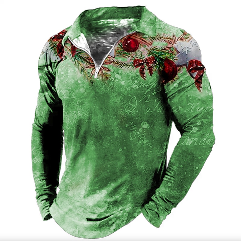 Christmas Men's Christmas tree 3D Zipper Polo Xmas Golf Floral Turndown Red Blue Purple Brown Green 3D Print Street Casual Long Sleeve Zipper Print Clothing Apparel Fashion Designer Casual4