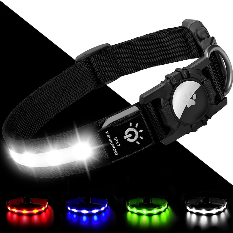 LED Dog Collar with AirTag Holder – IPX7 Waterproof USB-C Rechargeable Glow Nylon Pet Collar for Small Dogs & Puppies, Light Up Flashing for Night Walking