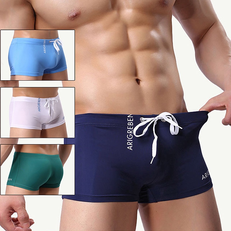 Men's Swimwear Swim Trunks Swim Briefs Drawstring Letter Breathable Soft Simple White Red